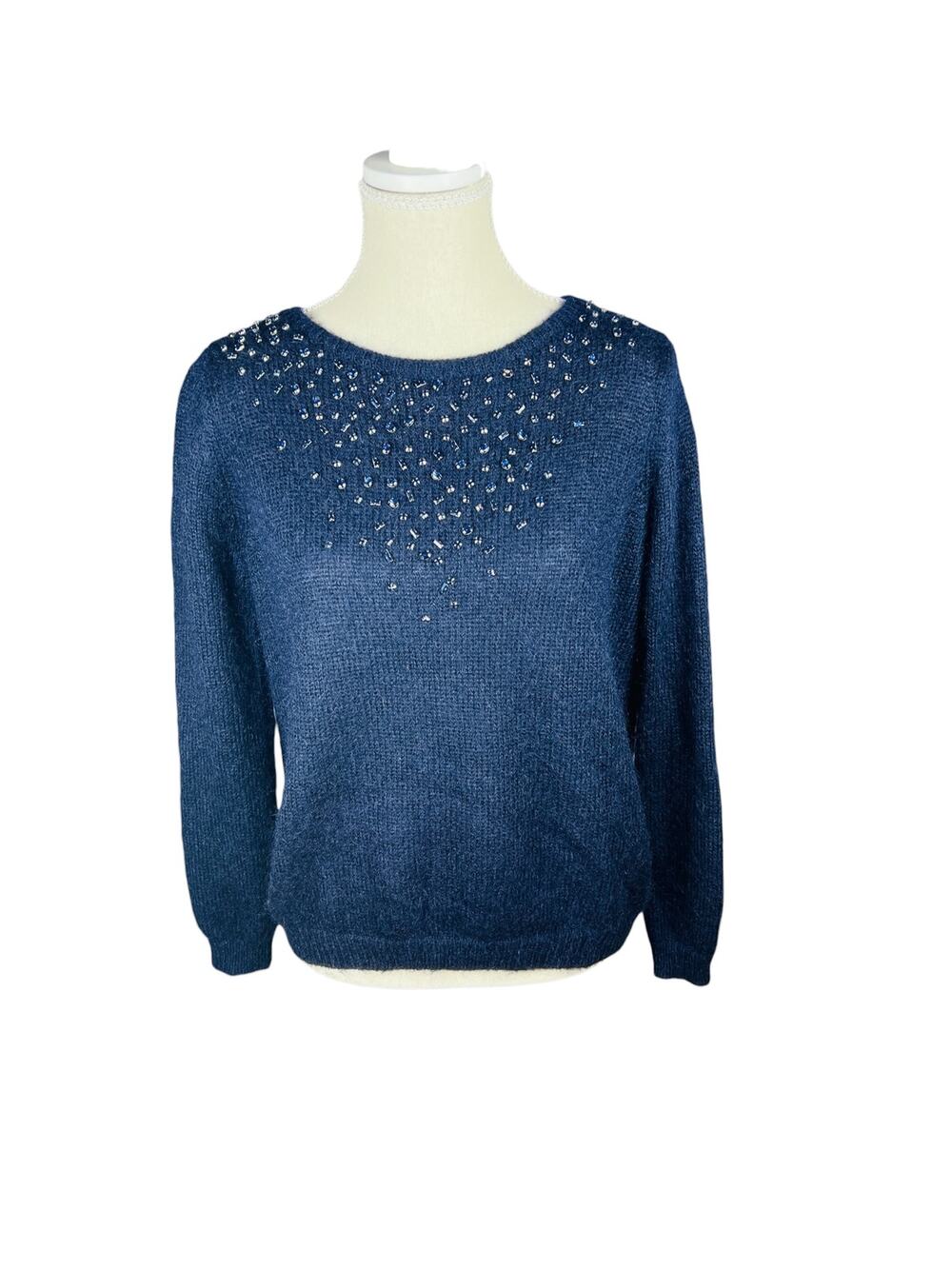 Sezane Hugues Navy Rhinestone Kid Mohair Merino Wool Sweater Jumper S